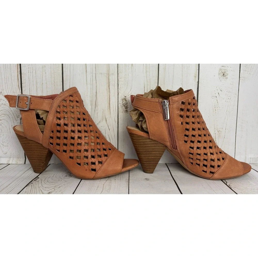 Vince Camuto Woven Leather Peep Toe Booties Blush Pink Cone Heel Sandals 7M 37.5
